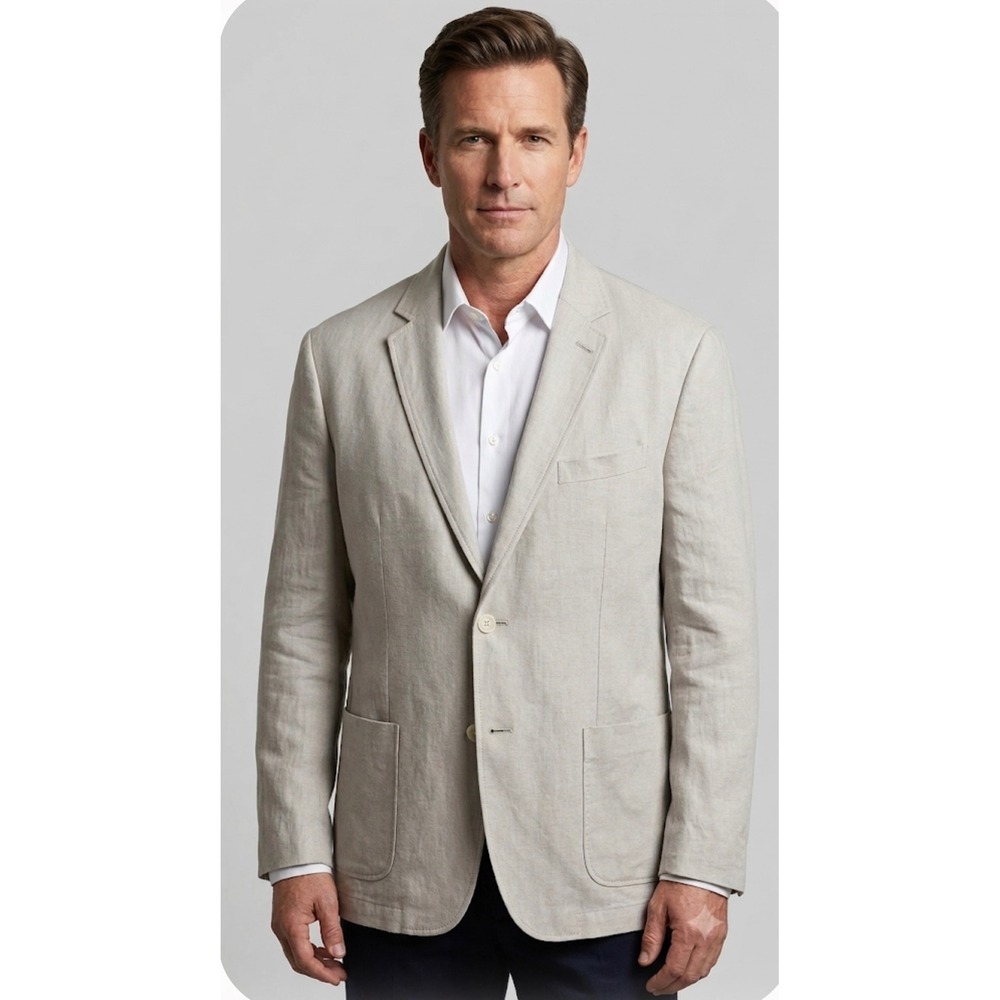 Alan Flusser Mens XL Linen Blazer Beige Summer Sport Coat Coastal Preppy Yacht
